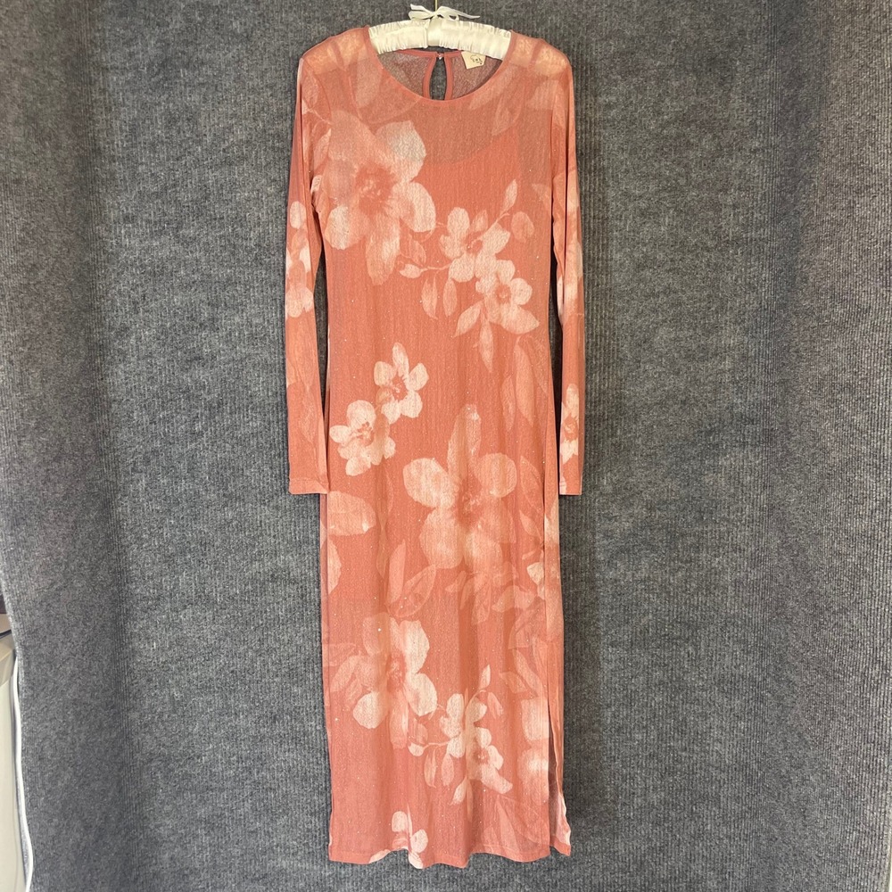 Y2K Style Sheer Floral Mesh Maxi Dress Pink Glitter Fairycore Bodycon Midi‎ Slit